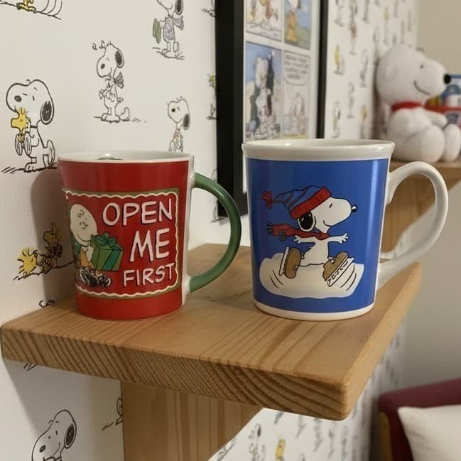 Peanuts Charlie Brown "Open Me First" & "Snoopy Ice Skating Winter" Mug Set of 2