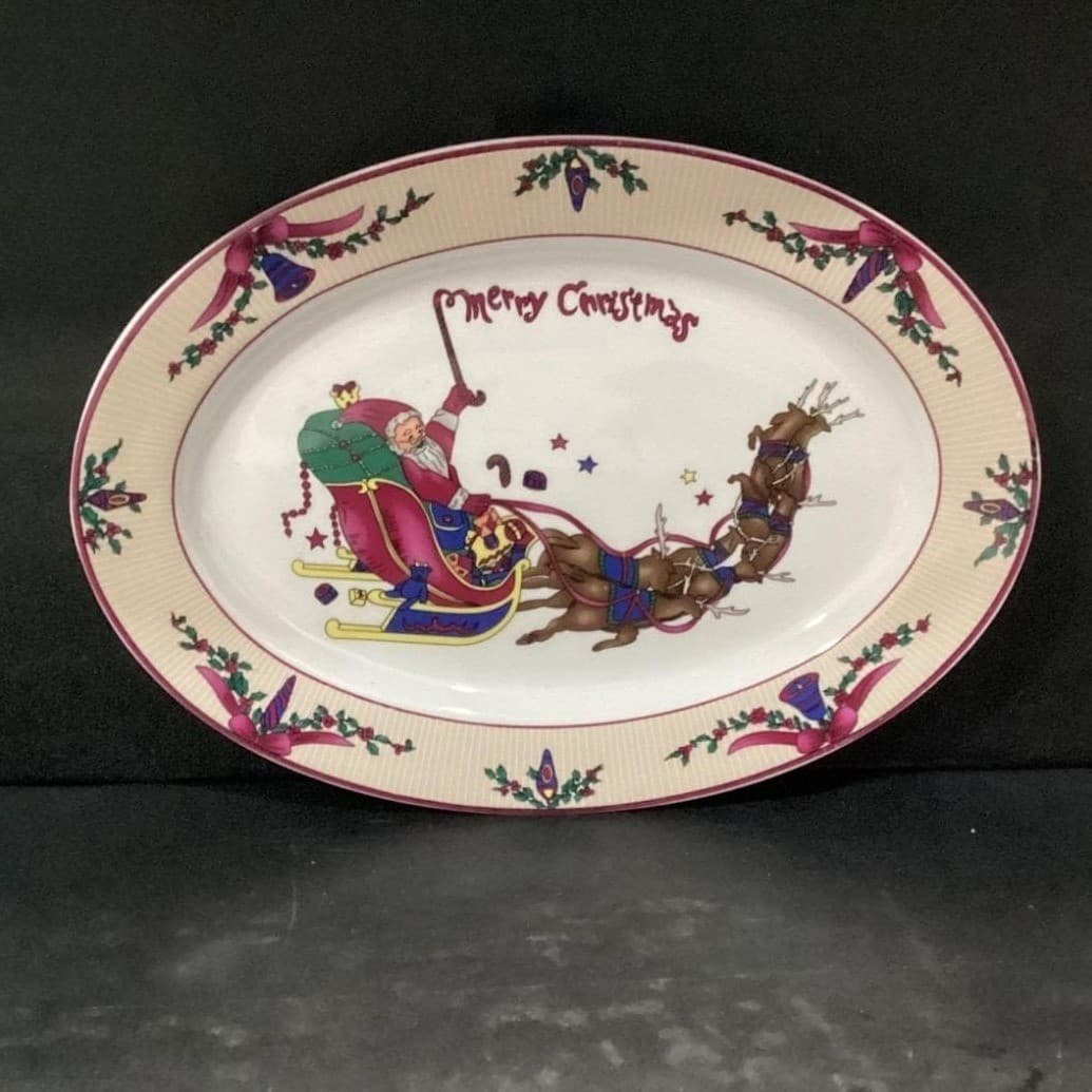GEI "Merry Christmas" Oval Platter, Santa Riding In Sleigh & Reindeer, Vtg Tray - Thumbnail 2
