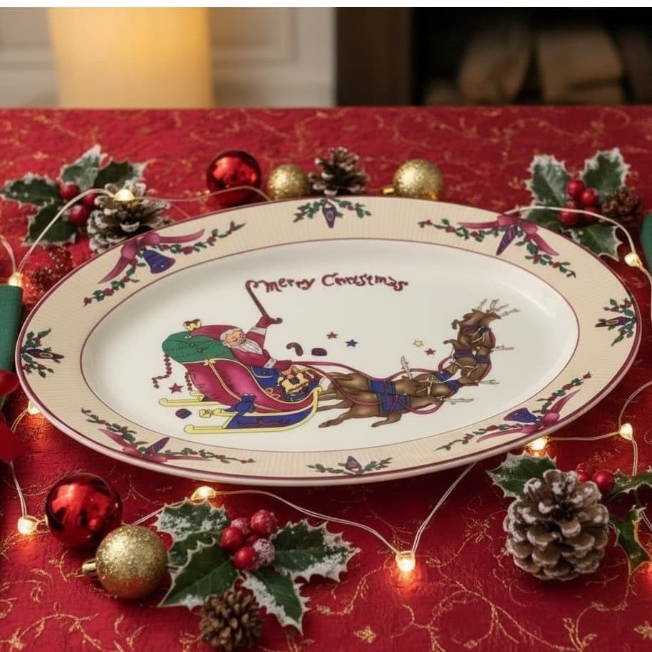 GEI "Merry Christmas" Oval Platter, Santa Riding In Sleigh & Reindeer, Vtg Tray