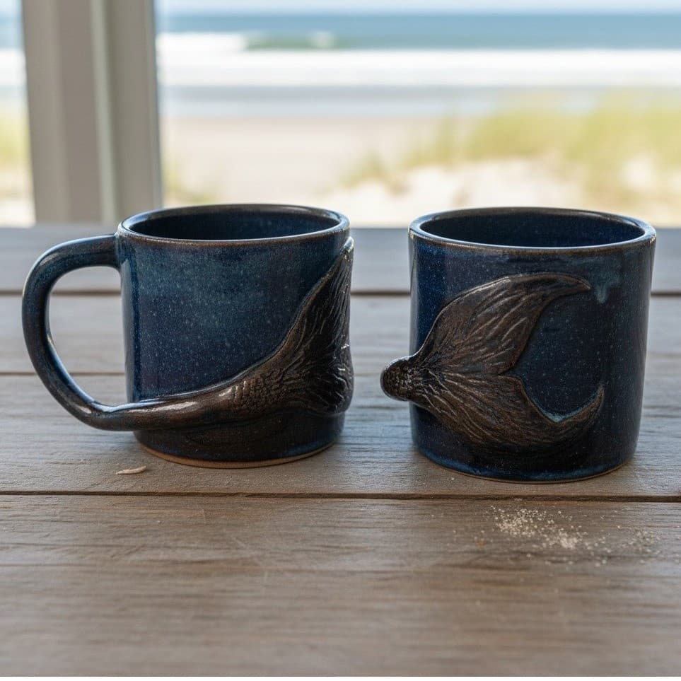 Handmade Art Pottery Whale Tail Mugs, Set of 2 Blue Glazed Coffee Cups Drinkware