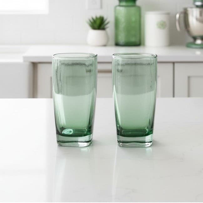 Libbey Glass Carrington Green-Tinted Glasses, Set of 2, Square Bottom Tumblers