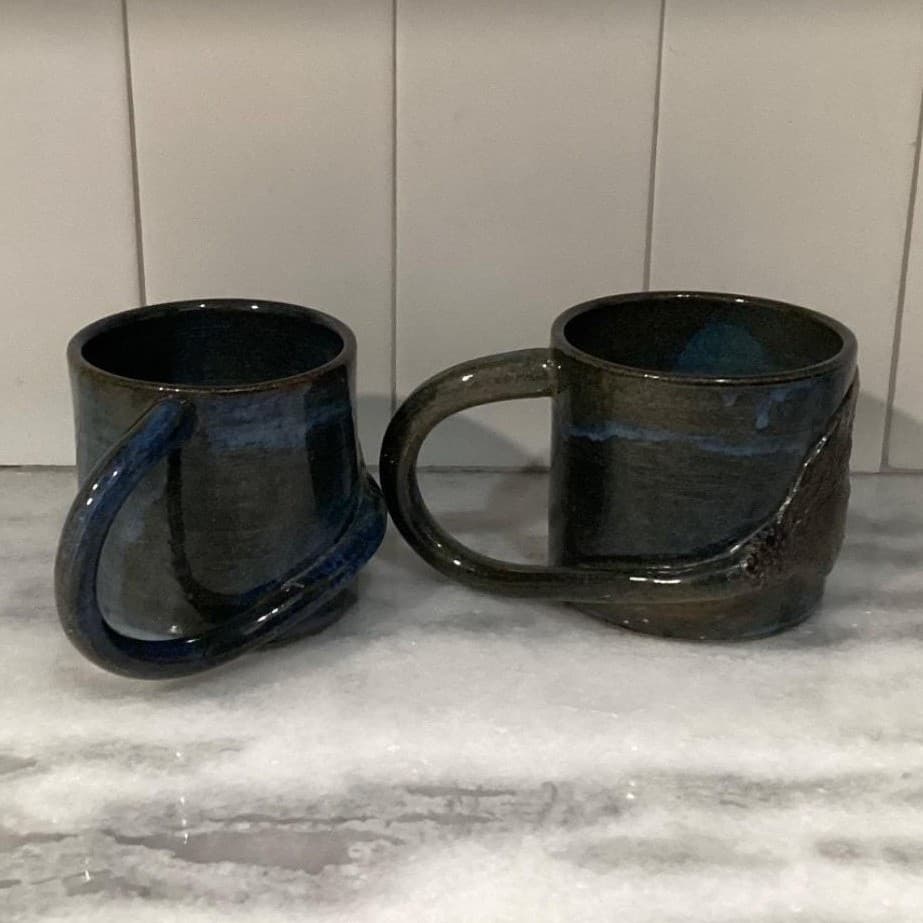 Handmade Art Pottery Whale Tail Mugs, Set of 2 Blue Glazed Coffee Cups Drinkware - Thumbnail 4