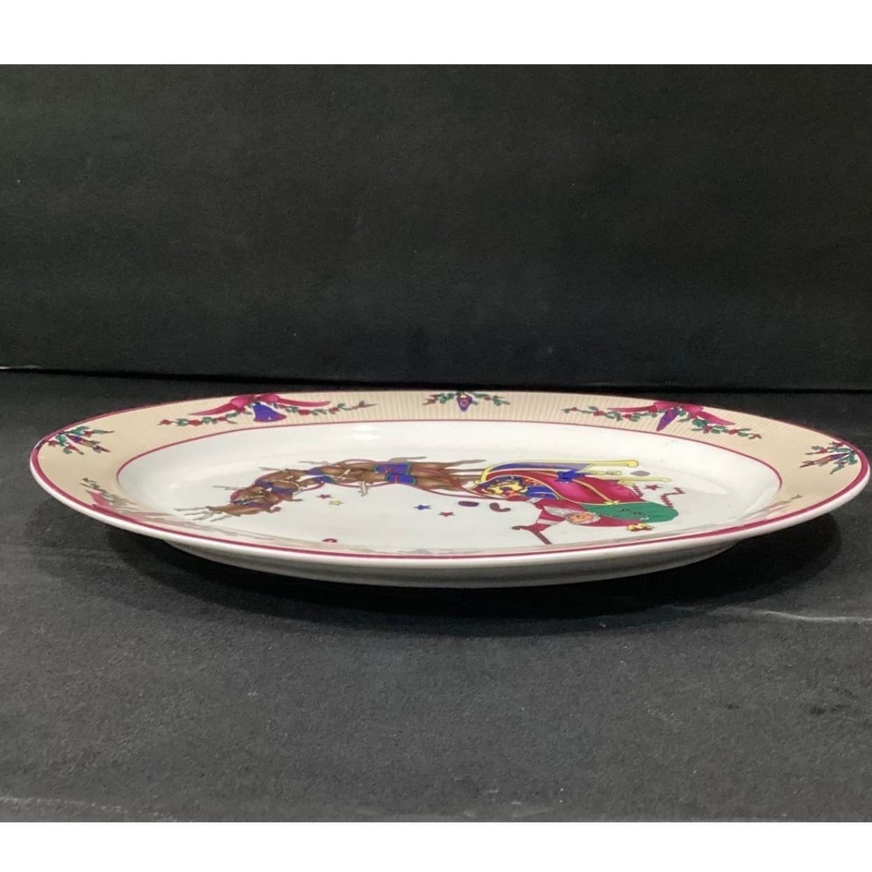 GEI "Merry Christmas" Oval Platter, Santa Riding In Sleigh & Reindeer, Vtg Tray - Thumbnail 10