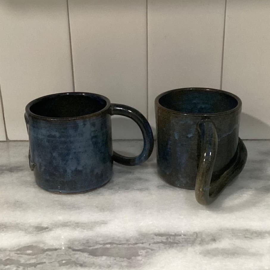Handmade Art Pottery Whale Tail Mugs, Set of 2 Blue Glazed Coffee Cups Drinkware - Thumbnail 5