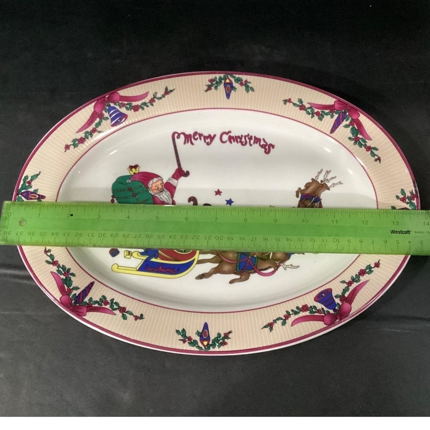 GEI "Merry Christmas" Oval Platter, Santa Riding In Sleigh & Reindeer, Vtg Tray - Thumbnail 4