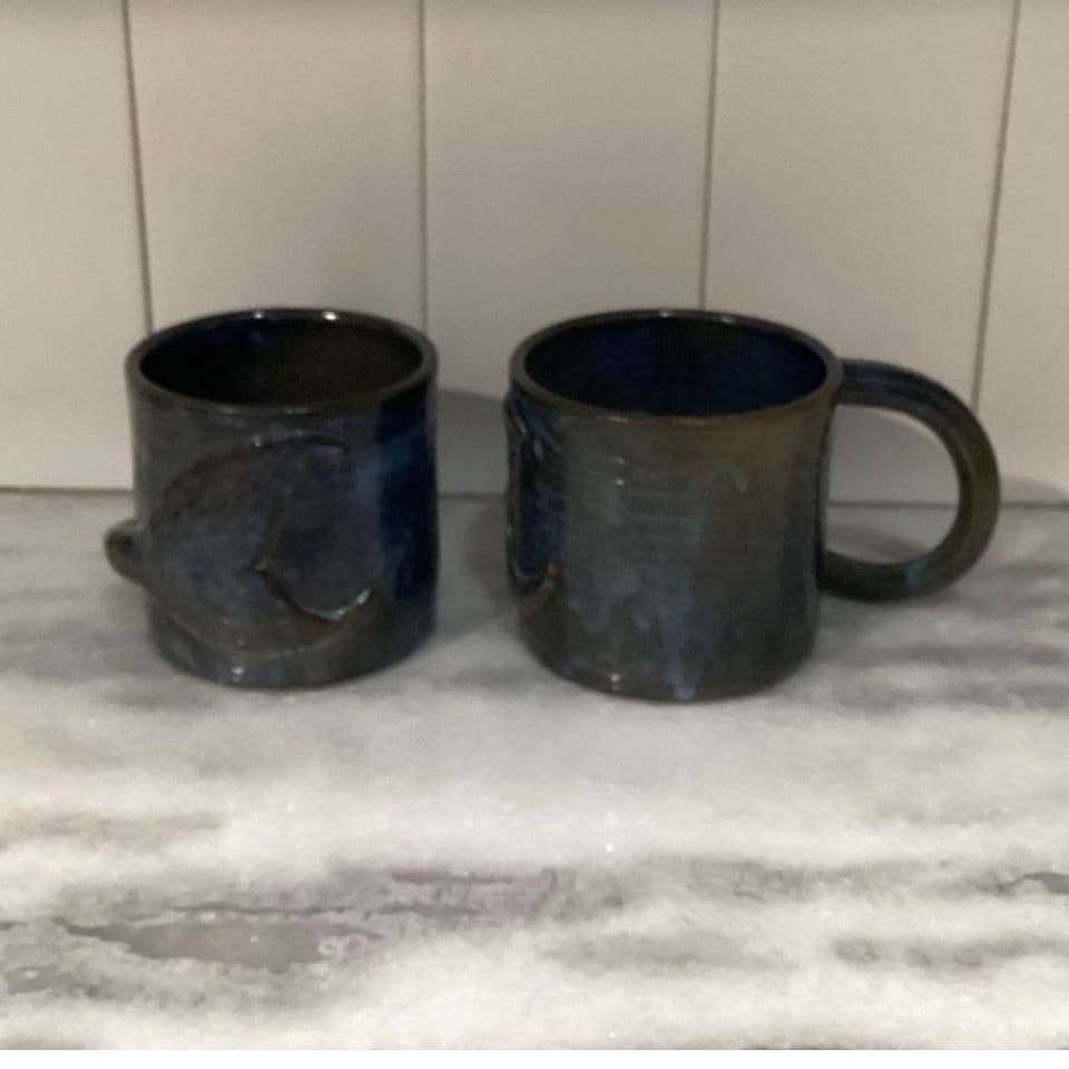 Handmade Art Pottery Whale Tail Mugs, Set of 2 Blue Glazed Coffee Cups Drinkware - Thumbnail 2