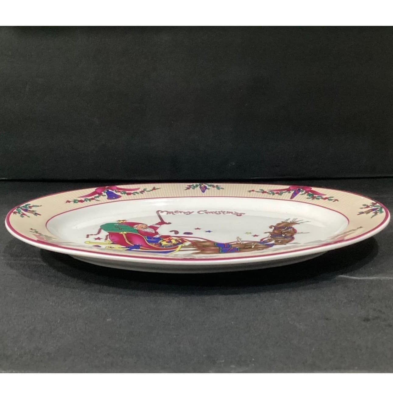 GEI "Merry Christmas" Oval Platter, Santa Riding In Sleigh & Reindeer, Vtg Tray - Thumbnail 8