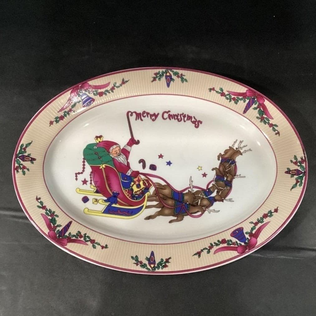 GEI "Merry Christmas" Oval Platter, Santa Riding In Sleigh & Reindeer, Vtg Tray - Thumbnail 3