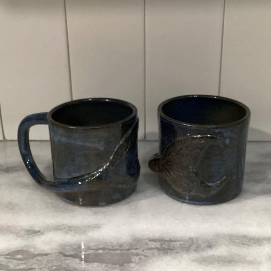 Handmade Art Pottery Whale Tail Mugs, Set of 2 Blue Glazed Coffee Cups Drinkware - Thumbnail 3