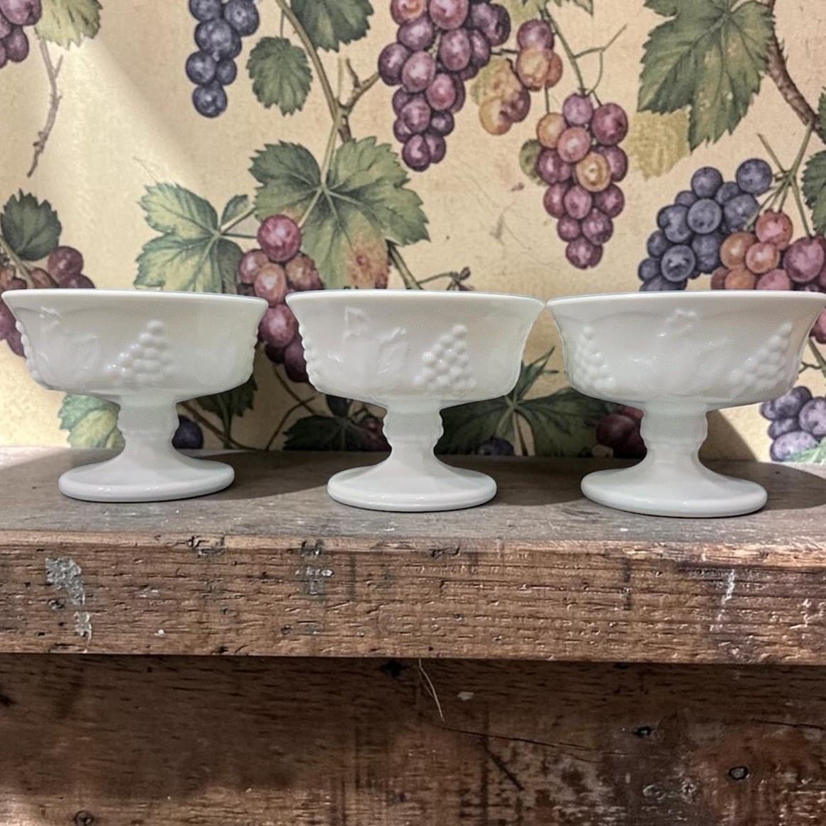Indiana Glass Footed Sherbet Dishes, Set of 3, Harvest Grape Design Coupes