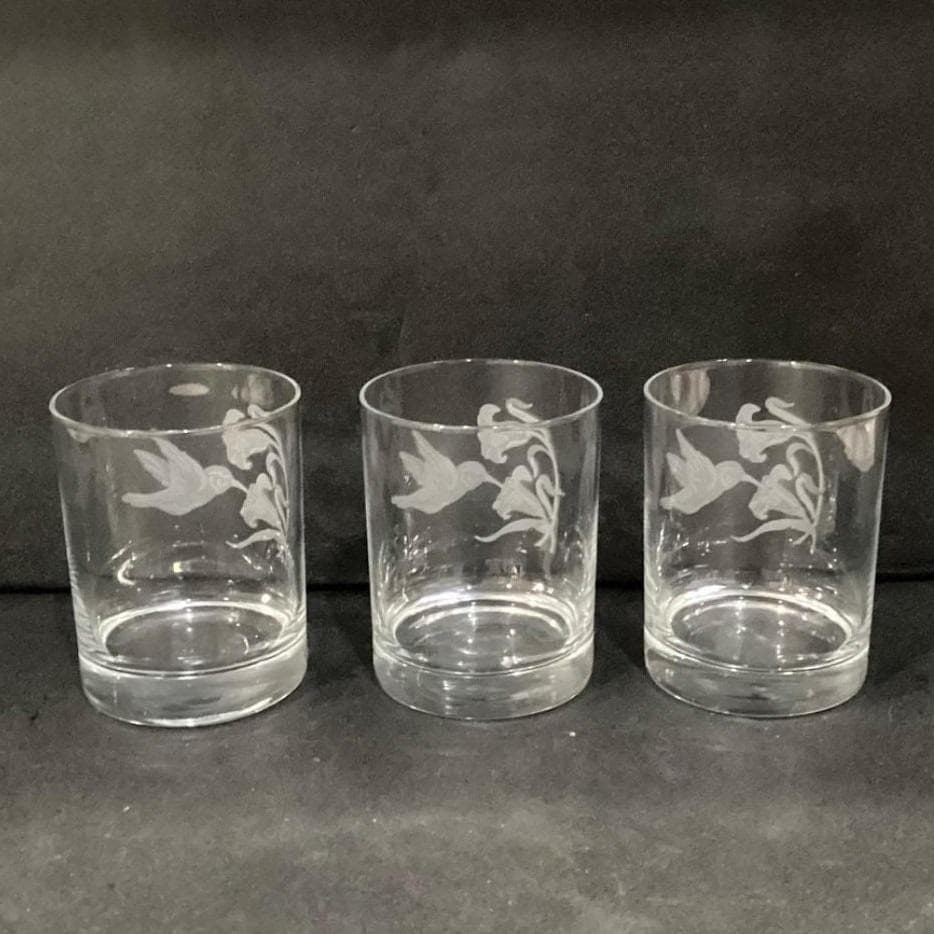 Etched Hummingbird Floral Rocks Glasses, Set of 3, Vintage Clear Lowball Tumbler - Thumbnail 10