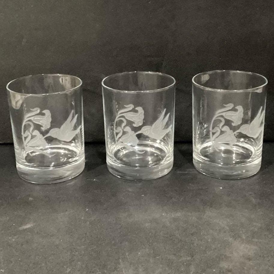 Etched Hummingbird Floral Rocks Glasses, Set of 3, Vintage Clear Lowball Tumbler - Thumbnail 7