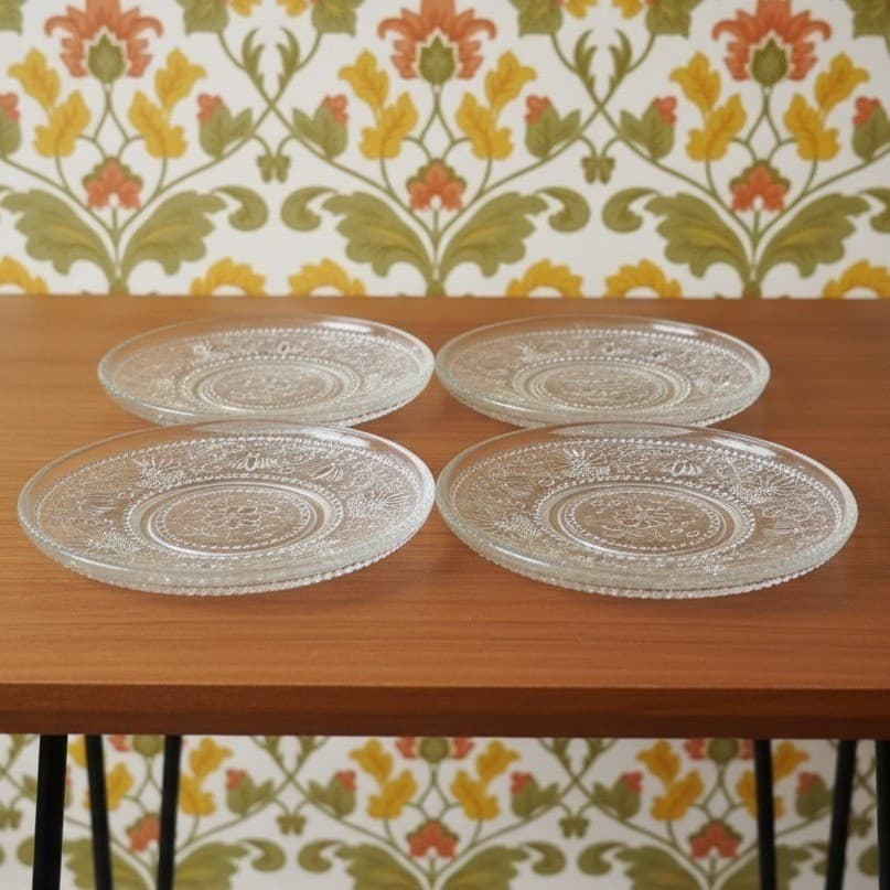 Sandwich Glass Clear Bread Plates, Set of 4, Vintage Floral Scroll Pattern