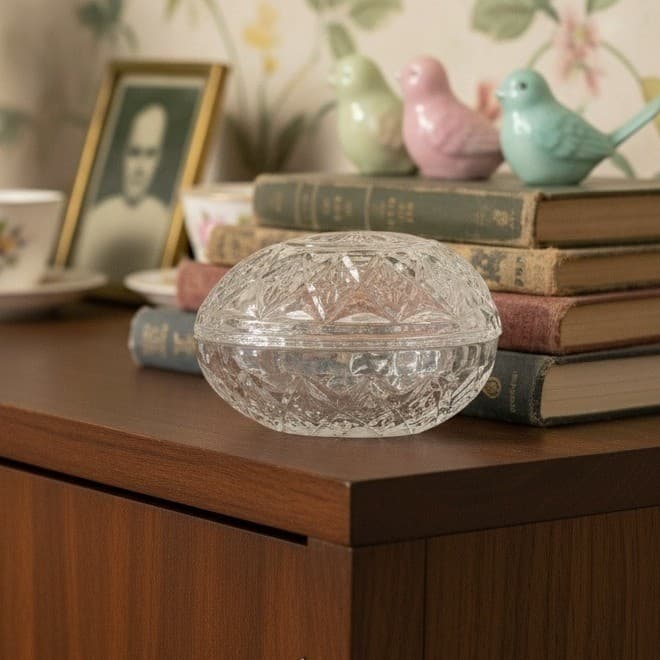 Indiana Glass Tiara Lead Crystal Easter Egg Trinket Box, Clear Pressed Glassware