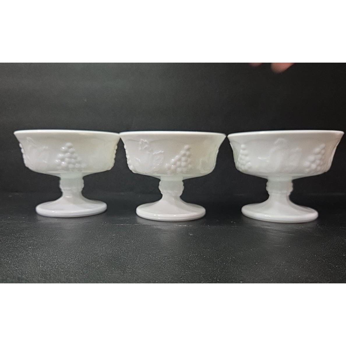 Indiana Glass Footed Sherbet Dishes, Set of 3, Harvest Grape Design Coupes - Thumbnail 3