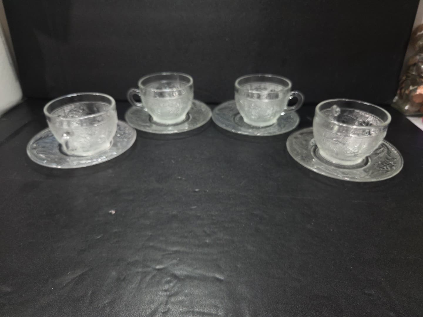 Anchor Hocking Sandwich Pattern Cups & Saucers, Set of 4, Vtg Snack Set, 8 Piece