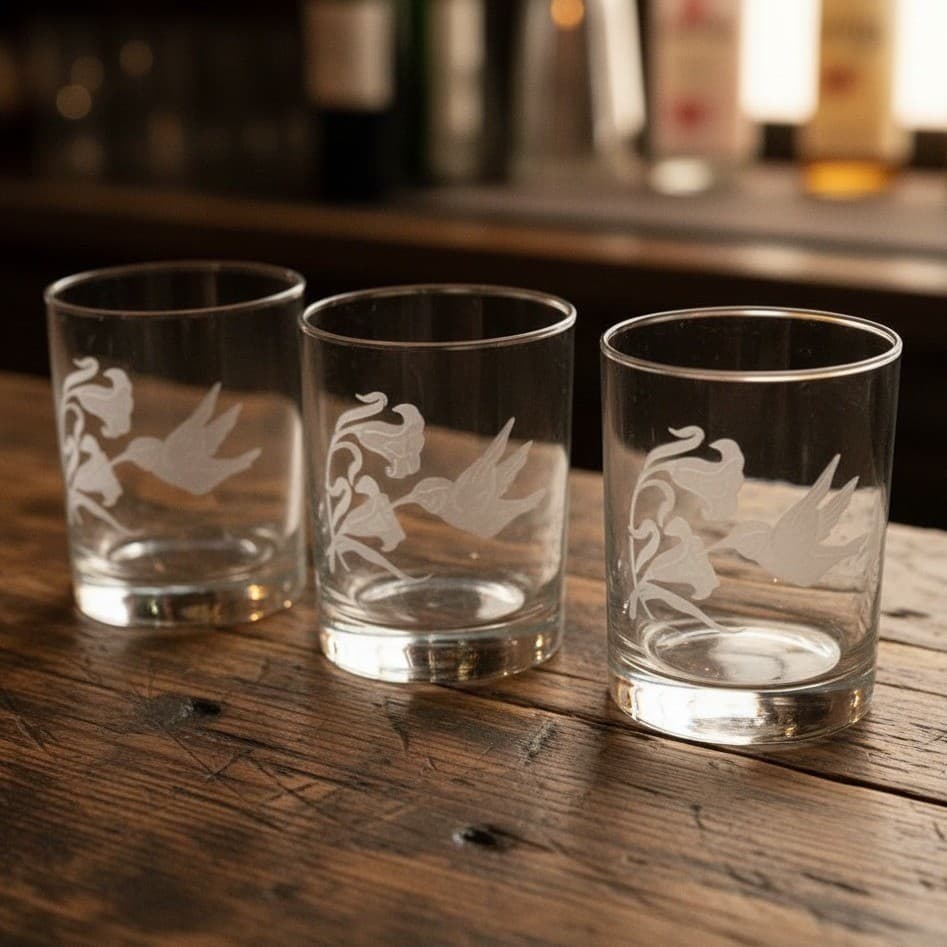 Etched Hummingbird Floral Rocks Glasses, Set of 3, Vintage Clear Lowball Tumbler