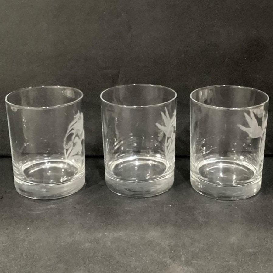 Etched Hummingbird Floral Rocks Glasses, Set of 3, Vintage Clear Lowball Tumbler - Thumbnail 9
