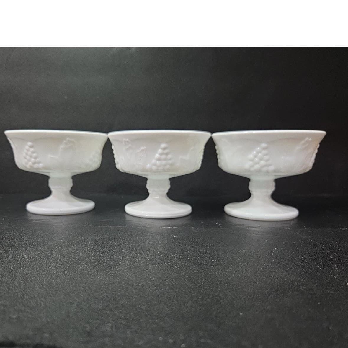 Indiana Glass Footed Sherbet Dishes, Set of 3, Harvest Grape Design Coupes - Thumbnail 5