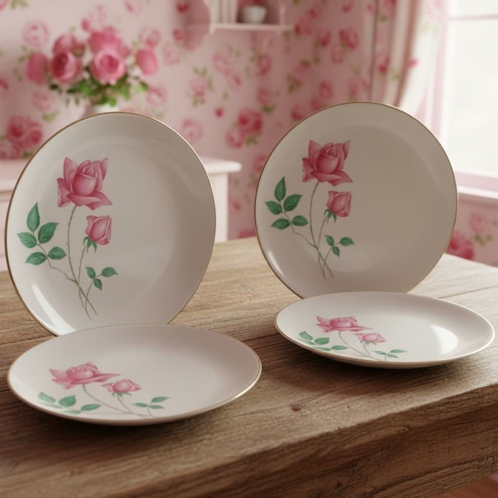 Canonsburg Bermuda Rose Salad Plates, Set of 4, Mid-Century Pottery, Dinnerware