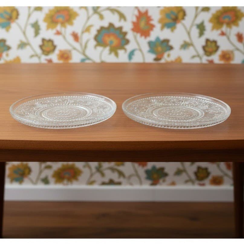 Sandwich Glass Clear Bread Plates, Set of 2, Vintage Floral Scroll Pattern