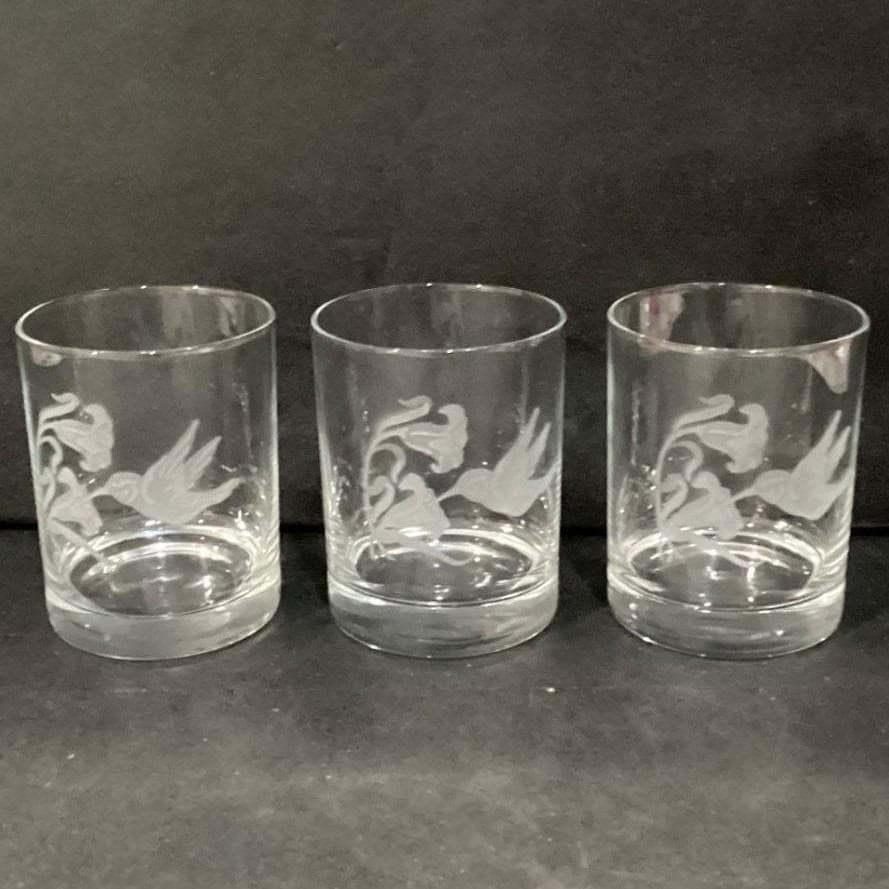 Etched Hummingbird Floral Rocks Glasses, Set of 3, Vintage Clear Lowball Tumbler - Thumbnail 8