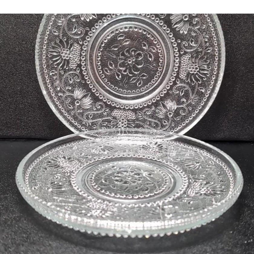 Sandwich Glass Clear Bread Plates, Set of 2, Vintage Floral Scroll Pattern - Thumbnail 2