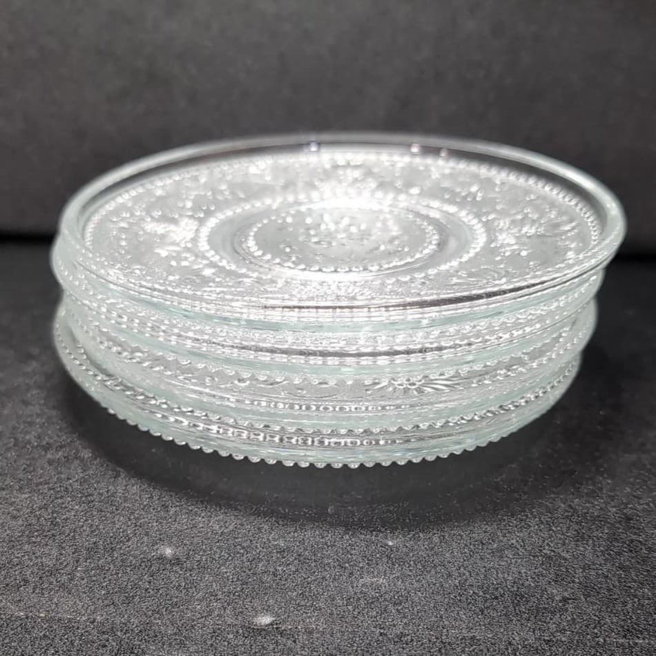 Sandwich Glass Clear Bread Plates, Set of 4, Vintage Floral Scroll Pattern - Thumbnail 6