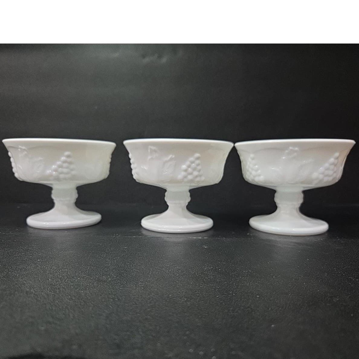Indiana Glass Footed Sherbet Dishes, Set of 3, Harvest Grape Design Coupes - Thumbnail 2