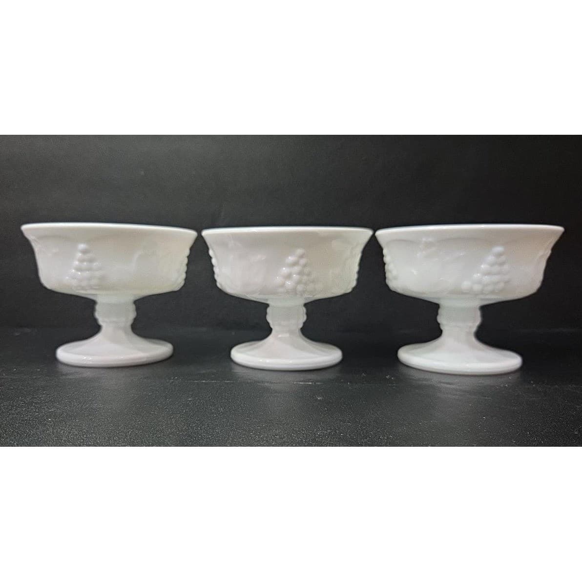 Indiana Glass Footed Sherbet Dishes, Set of 3, Harvest Grape Design Coupes - Thumbnail 4
