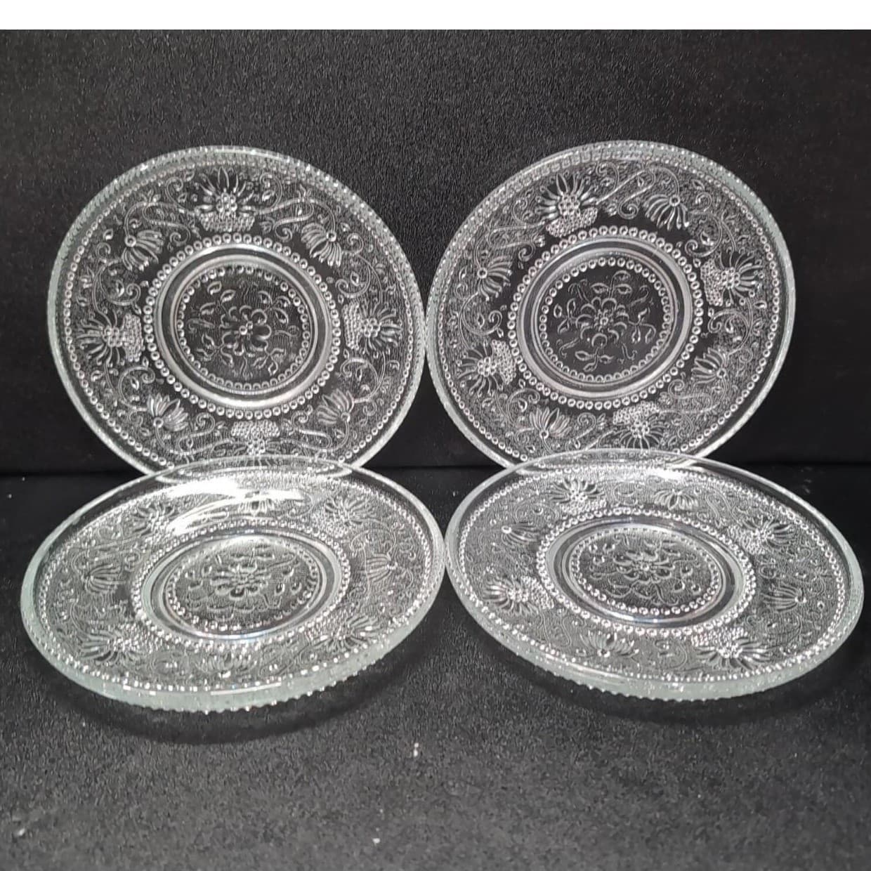 Sandwich Glass Clear Bread Plates, Set of 4, Vintage Floral Scroll Pattern - Thumbnail 2
