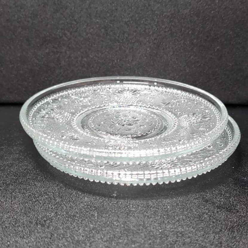 Sandwich Glass Clear Bread Plates, Set of 2, Vintage Floral Scroll Pattern - Thumbnail 7