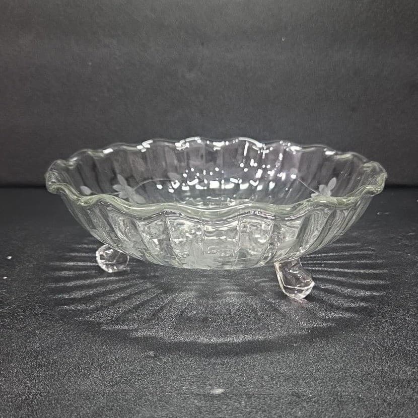 Anchor Hocking Floral Etched Candy Bowl, Tri-Footed Glass Dish, Clear Glassware - Thumbnail 2