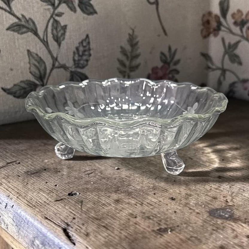 Anchor Hocking Floral Etched Candy Bowl, Tri-Footed Glass Dish, Clear Glassware