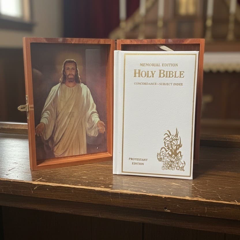 Vintage Memorial Edition Holy Bible Protestant KJV White Wood Display Case 1992