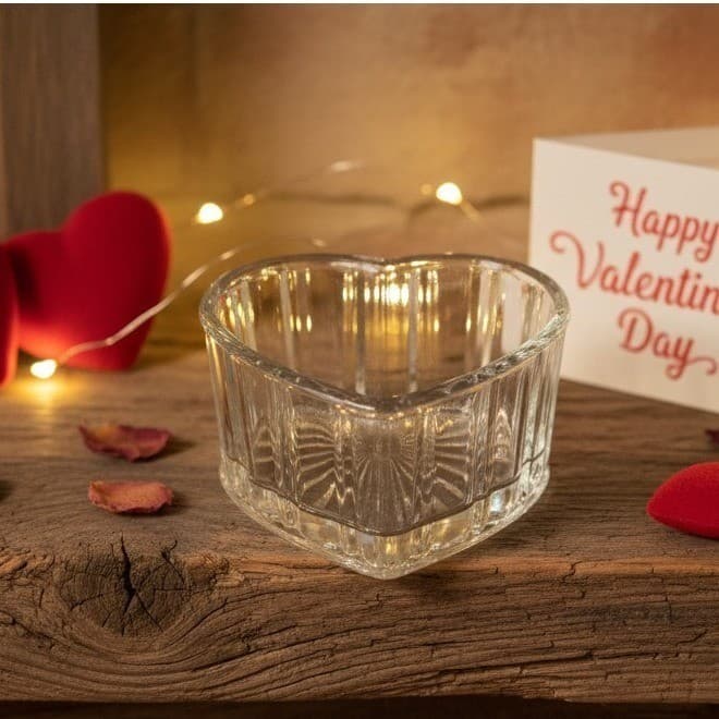 Libbey Style Ribbed Heart Glass Bowl, Starburst Pattern, Heavy Clear Glassware