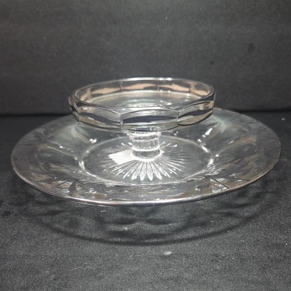 Heisey Silver Inlay Cheese & Cracker Serving Platter, Vintage Centerpiece Plate - Thumbnail 2