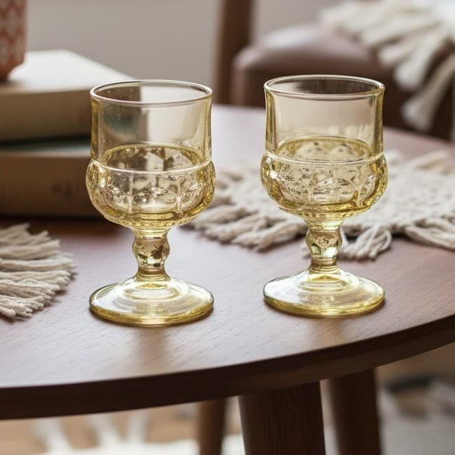 Indiana Glass Kings Crown Thumbprint Goblets, Set of 2, Vintage Yellow Stemware