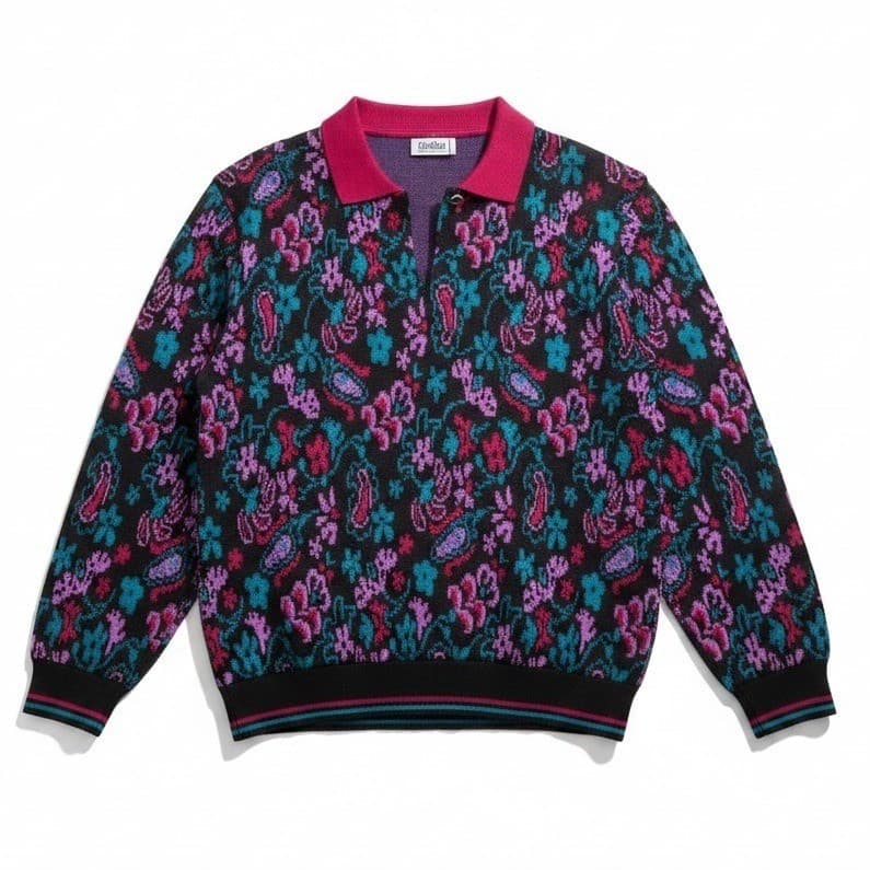 Cricket Lane Paisley Floral Knit Polo Sweater, Magenta Teal Black, Women's Large