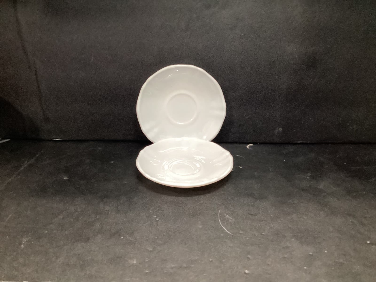 Arcopal France TRIANON IVORY Saucer Scalloped Swirls Milk Glass 5 3/8" Set of 2