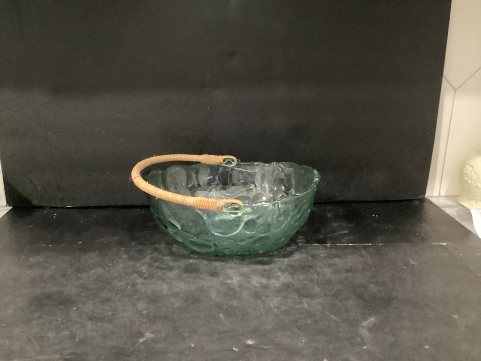 Vintage Libbey Green Glass Orchard Fruit Basket With Wicker Handle ~ 10"