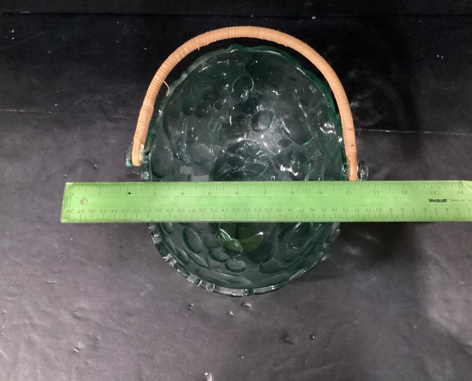 Vintage Libbey Green Glass Orchard Fruit Basket With Wicker Handle ~ 10" - Thumbnail 5