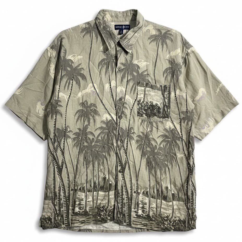 World Island Green Palm Tree Rayon Short Sleeve Button Down Shirt, Men's Large