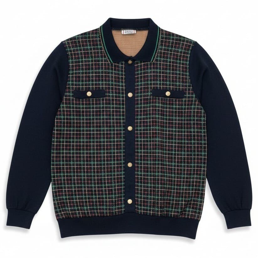 Cricket Lane Plaid Button Front Cardigan Sweater Navy Gold Buttons Women's Large