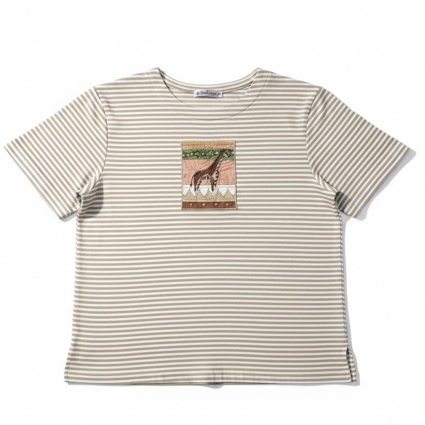 Teddi Tan White Striped Giraffe Embroidered Short Sleeve Top, Women's Large