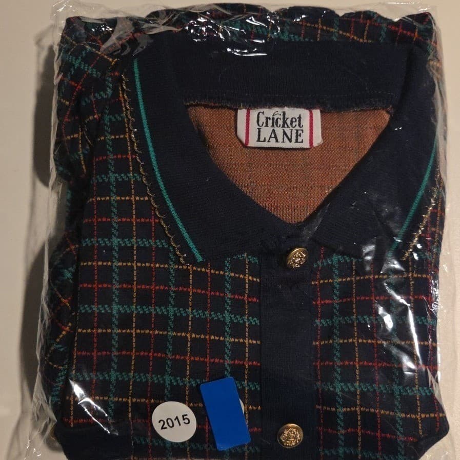Cricket Lane Plaid Button Front Cardigan Sweater Navy Gold Buttons Women's Large - Thumbnail 9