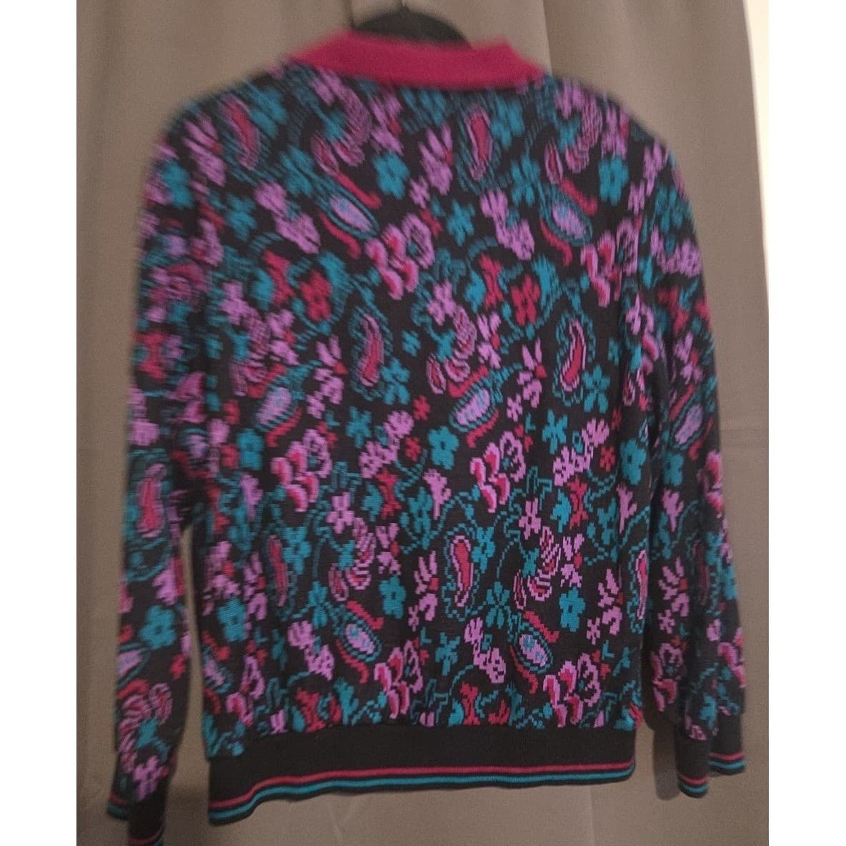 Cricket Lane Paisley Floral Knit Polo Sweater, Magenta Teal Black, Women's Large - Thumbnail 4