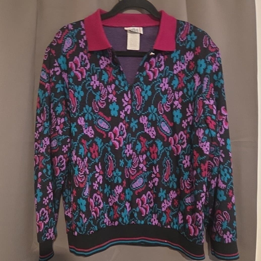 Cricket Lane Paisley Floral Knit Polo Sweater, Magenta Teal Black, Women's Large - Thumbnail 3