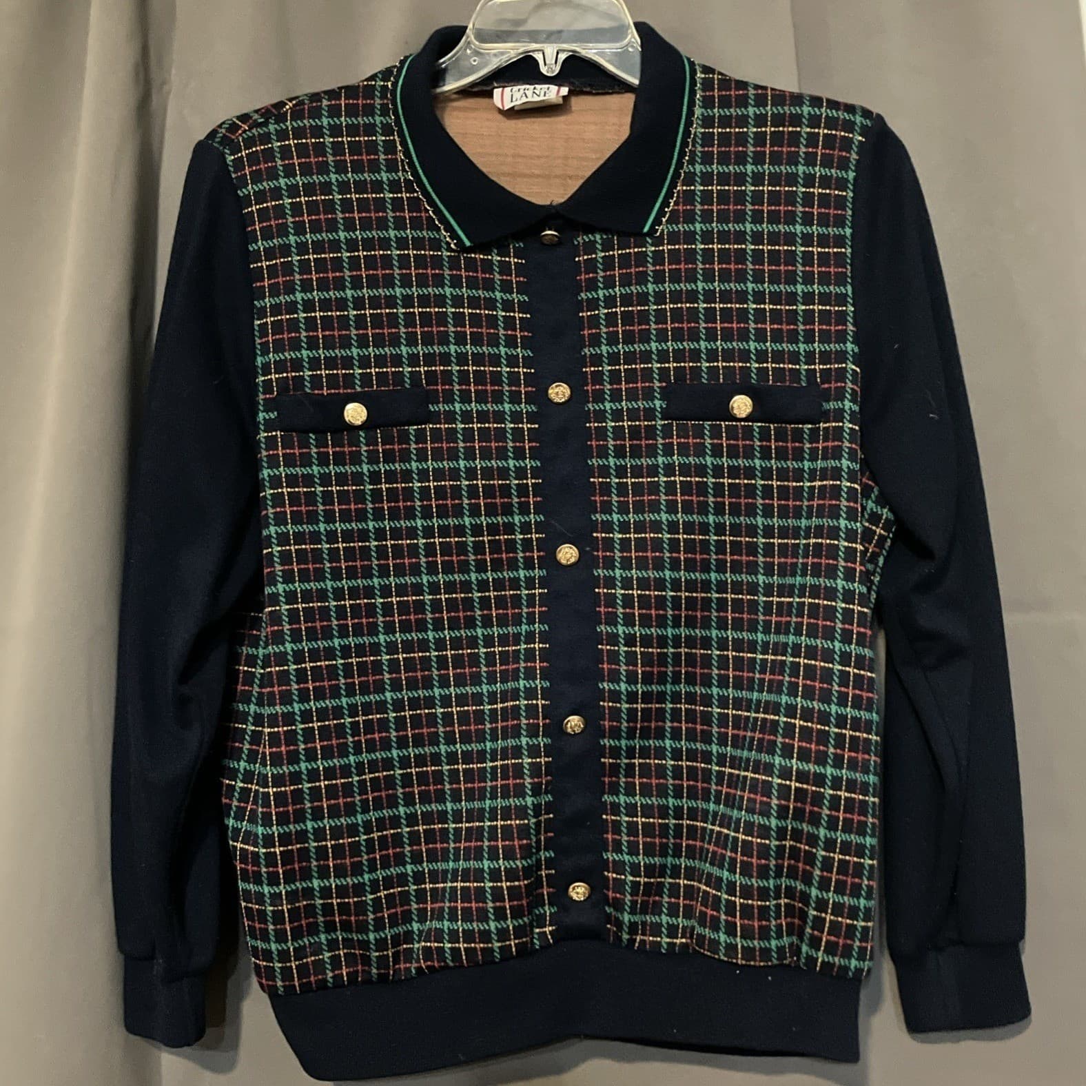 Cricket Lane Plaid Button Front Cardigan Sweater Navy Gold Buttons Women's Large - Thumbnail 3