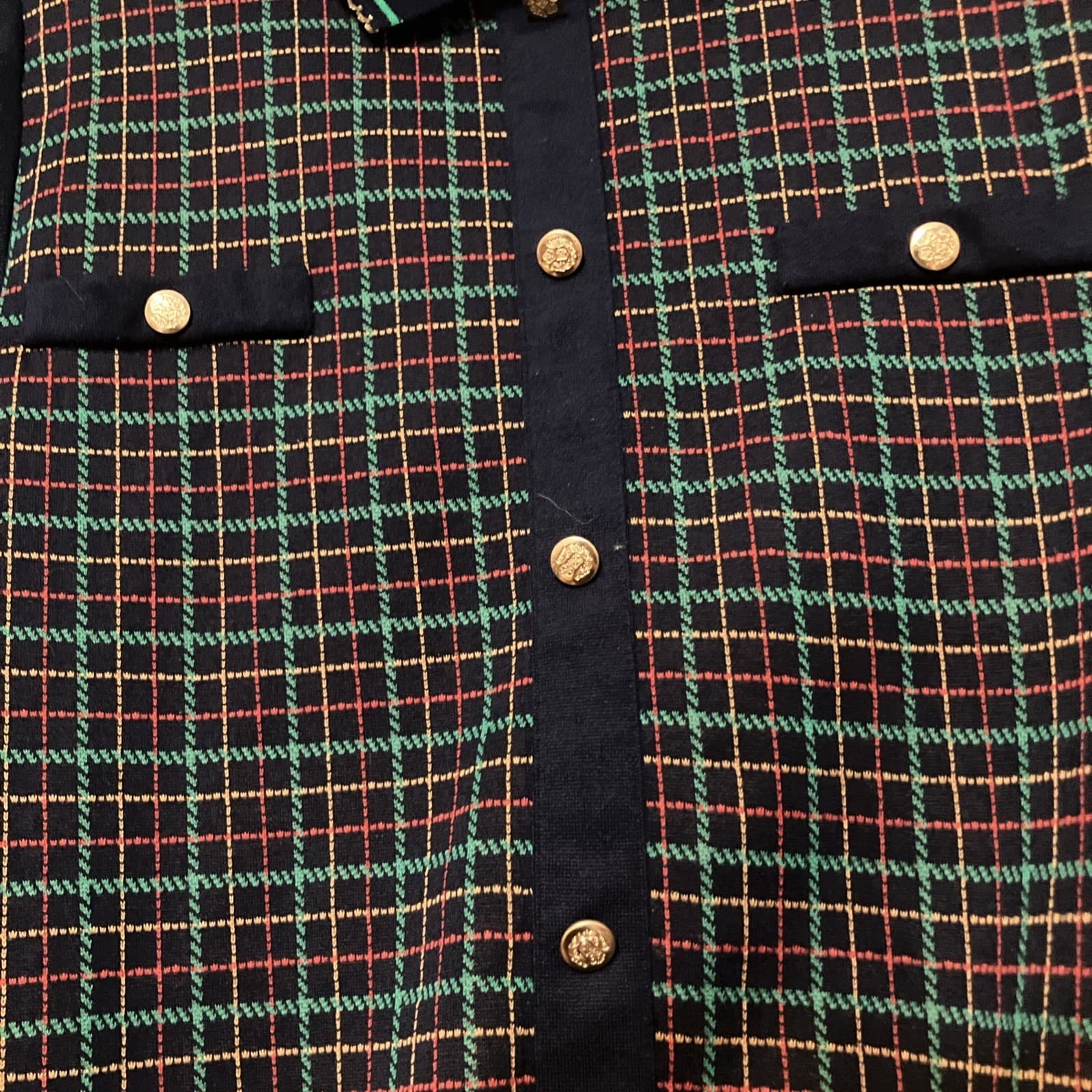 Cricket Lane Plaid Button Front Cardigan Sweater Navy Gold Buttons Women's Large - Thumbnail 5